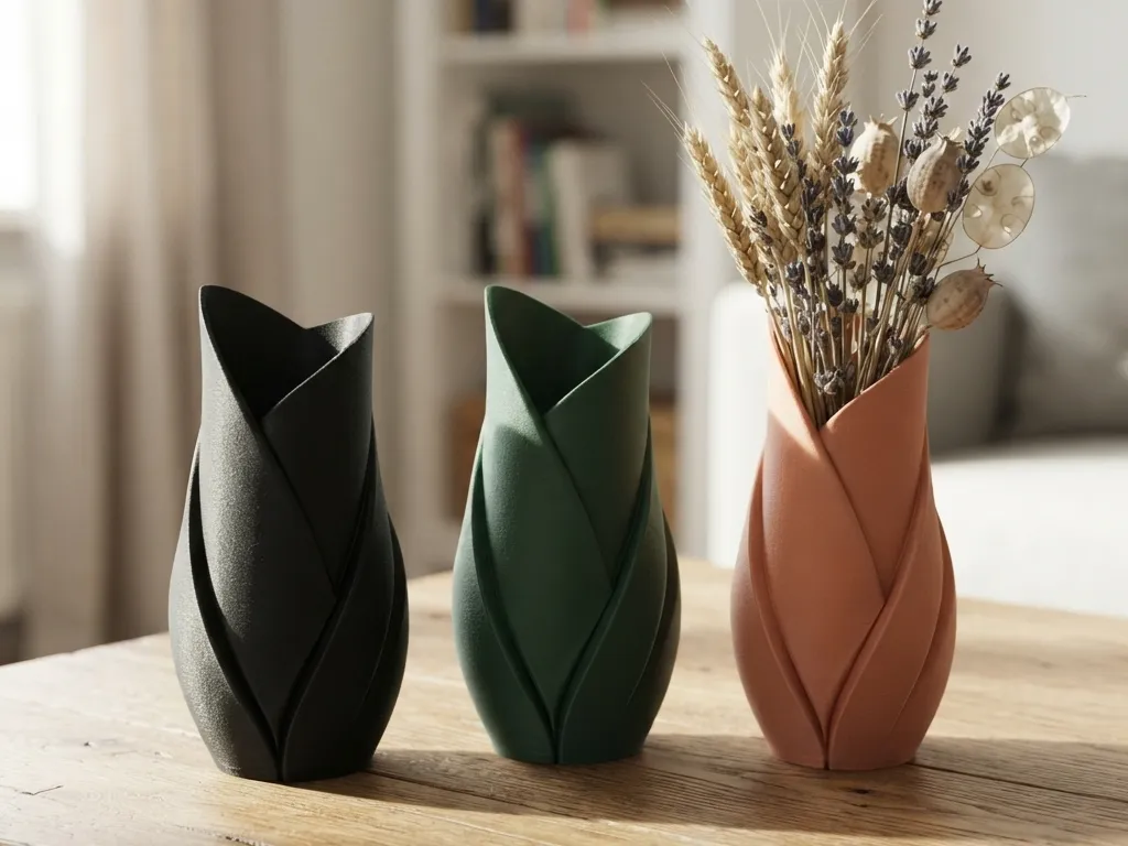 [NML-DESI-VAS-SOR-006] Organisk Tulipan Vase - Elegant Bladdesign til Tørrede Blomster (Sort, 150 mm)